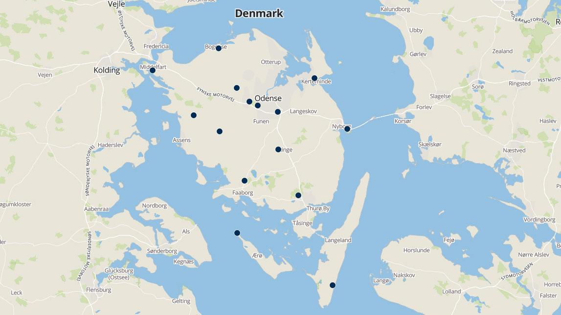 Golf courses on Fyn marked on a map
