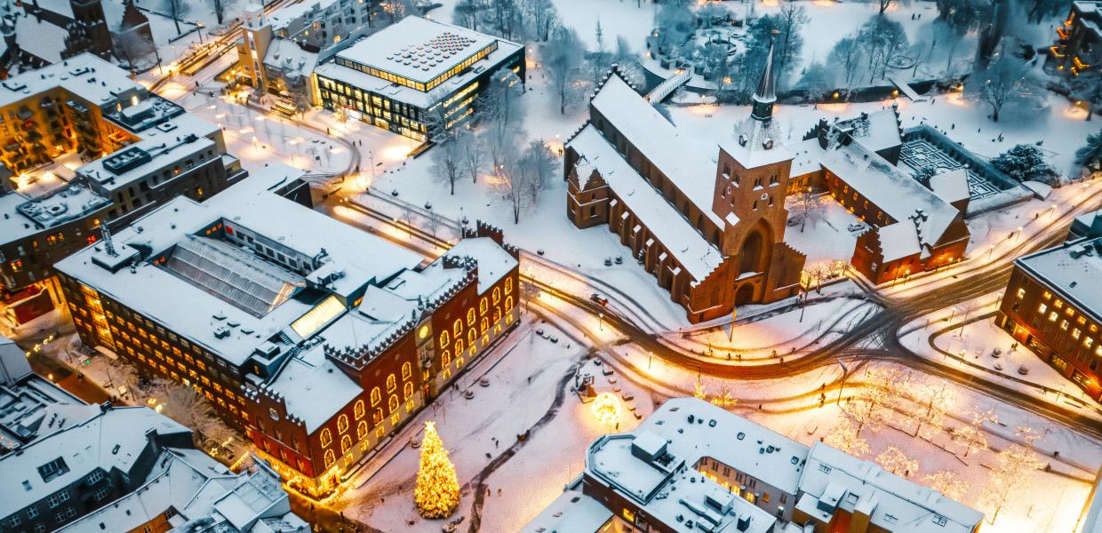 Dronefoto rådhus og domkirke sne og lys