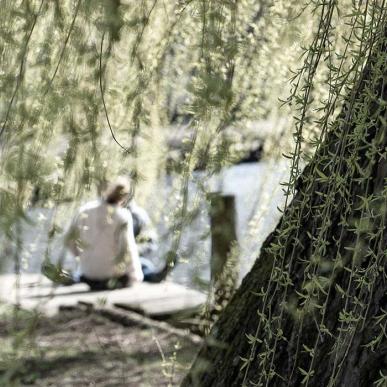 Couple sitting by the river behind tree