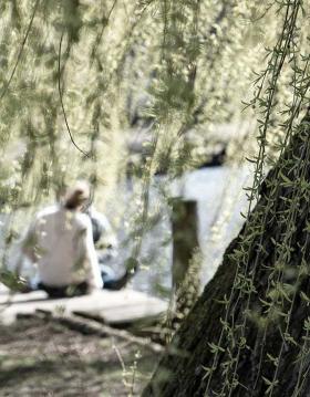 Couple sitting by the river behind tree